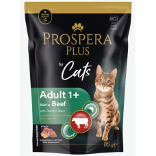 Konservi kaķiem - Prospera Plus, Cat Pouch Adult 1+, Beef and Carrot, 85 g