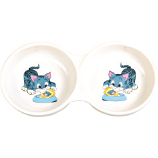 Keramiskā bļoda kaķiem : Trixie Double Bowl, 2*0.15l/11cm, white